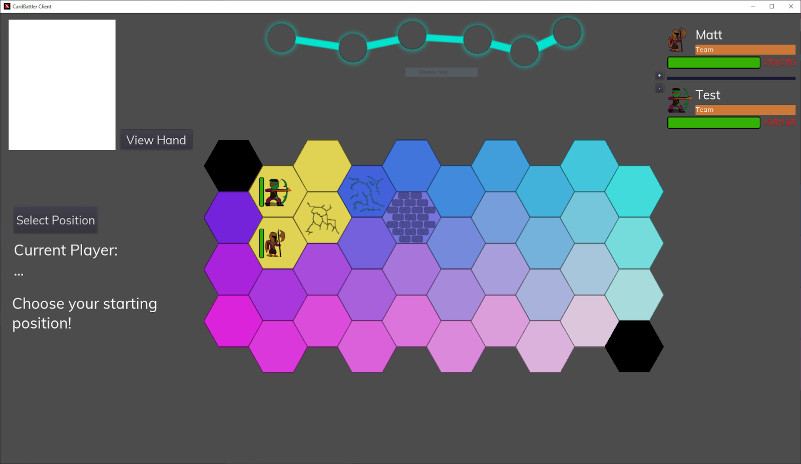 Starting position hexagons are highlighted. 2 characters have been tentatively placed.