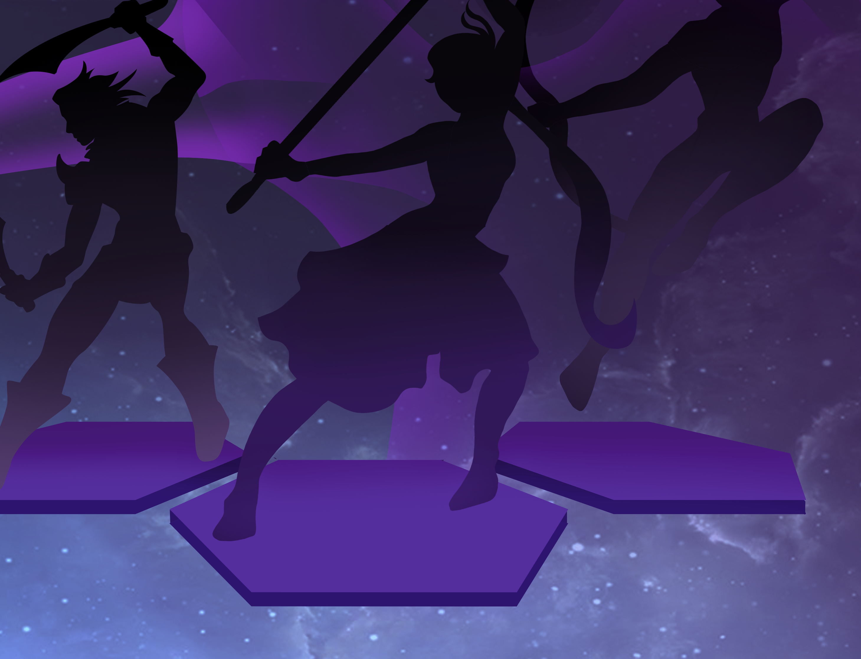 Three character silhouettes on hexagons against a starry background.
